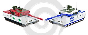 Israel and Syria war clashes, concept. Battle tanks with Syrian and Israeli flags, 3D rendering photo
