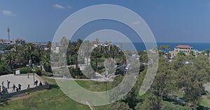 Israel Tel Aviv - Yafo, Jaffa. Birds eye view with mediterranean sea, port and city landscape buildings.