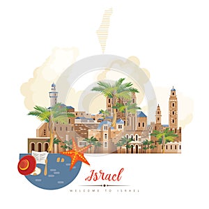 Israel vector banner with jewish landmarks and dead sea. Travel to Israel.