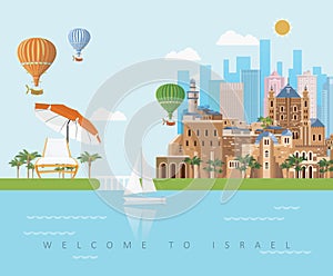 Israel vector banner with jewish landmarks, hot air balloons and dead sea. Welcome to Israel. Travel poster in flat design