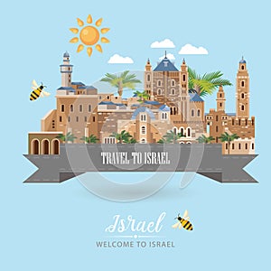 Israel vector banner with jewish landmarks, tape and bees. Welcome to Israel. Travel poster in flat design