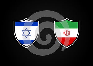 Israel vs Iran shield concept flags on black background