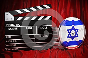 Israeli cinematography, film industry, cinema in Israel. Clapperboard with and film reels on the red fabric, 3D rendering