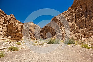 Israeli desert canyon passage way between sand stone rocky hills wasteland environment of Middle East