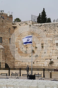 Israeli Flag in front of the Western Wall in the Old City of Jerusalem.