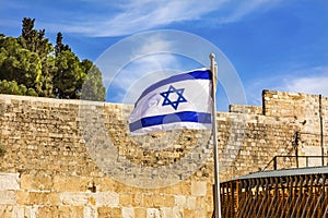 Israeli Flag Western Western` Wailing` Wall of Ancient Temple Jerusalem Israel