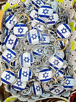 Israeli flags keychains or trinkets for sale at street market