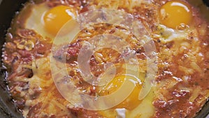 Israeli fried eggs shakshuka with cheese rotate in a circle