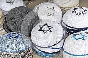 Israeli kippahs for sale in market in Tel Aviv