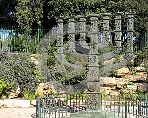 Israeli Knesset Menorah bronze statue with relief sculptures
