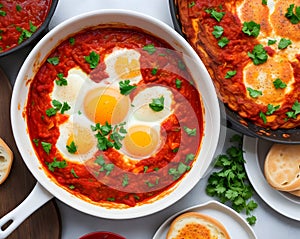 Israeli and Middle eastern traditional Shakshouka dish served on table. AI generated