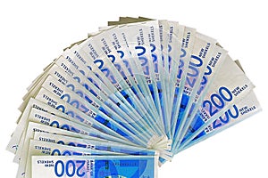 Israeli money notes. Fan of shekel banknotes isolated