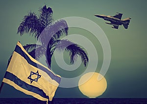 Israeli National waving flag. Military fighter jet flight. Palm grow near the sea. A huge sun disc on the horizon. Middle east