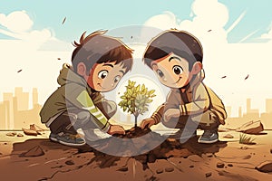 Israeli and Palestinian children planting a tree together, AI Generated