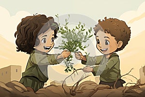 Israeli and Palestinian kids exchanging olive branches. AI Generated