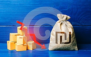 Israeli shekel money bag with boxes and down arrow. Low sales. Income decrease, decline of economy. Bad consumer sentiment and