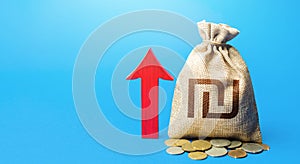 Israeli shekel money bag with red arrow up. Recover financial system after crisis. Deposit interest. Increase in profitability