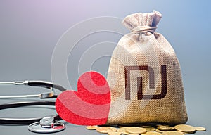 Israeli shekel money bag and stethoscope. Health life insurance financing concept. Funding healthcare system. Reforming