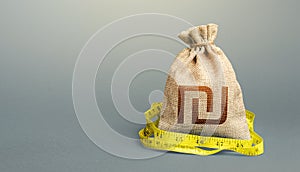 Israeli shekel sterling money bag and measuring tape meter. Analysis of economic situation. Declaration of income, illegal.
