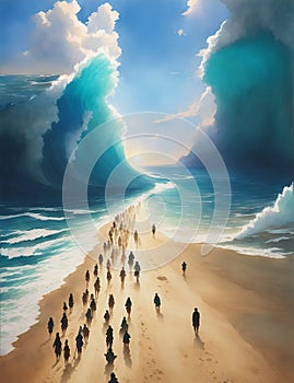 israelites crossing the red sea biblical exodus people passing through parting waters generative AI illustration