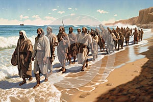 The Israelites walked into the sea on dry ground. Bible story. Generative AI