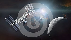 ISS in outer space with nebula on Moon background. Elements of this image furnished by NASA