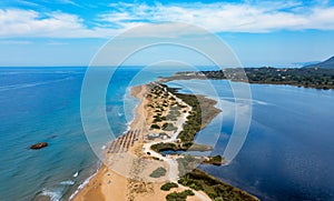 Issos beach on Corfu, near Agios Georgios, Greece. Aerial drone view of Issos beach and Lake Korission, Corfu island, Ionian Sea,