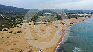 Issos beach on Corfu, near Agios Georgios, Greece. Aerial drone view of Issos beach and Lake Korission, Corfu island, Ionian Sea,