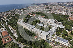 Istanbul aerial photo. View of from helicopter ; Historic Peninsula, Topkapi palace.