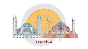 Istanbul banner illustration with Blue Mosque and Hagia Sophia