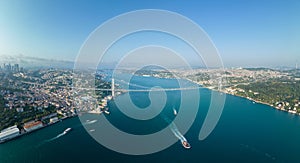 Istanbul Bosphorus Bridge panorama photo, Turkey. Grand Mecidiye Mosque, Istanbul Canal, Bosphoros canal. Drone Point of View