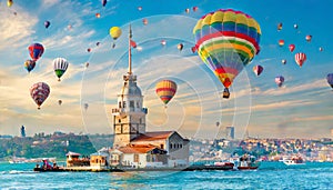 Istanbul Bosphorus maiden\'s tower and hundreds of colorful hot air balloons in the sky