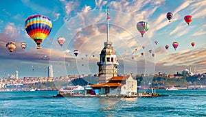 Istanbul Bosphorus maiden\'s tower and hundreds of colorful hot air balloons in the sky