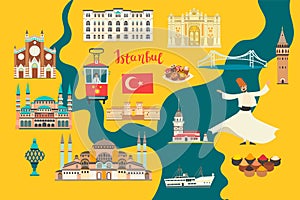 Istanbul City colorful vector map. Famous Istanbul building