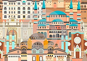 Istanbul City colorful vector seamless pattern. Famous Istanbul building