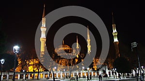 Istanbul city sultan Ahmet mosque and minarets night street photo