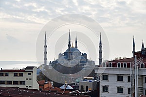 Istanbul cityscape. City roofs and Blue mosque. Turkey