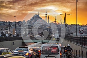 Istanbul Cityscape, Traffic with Mosque background at Sunset