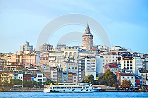 Istanbul cityscape in Turkey with Galata Kulesi Tower. Ancient Turkish famous landmark in Beyoglu district, European side of city