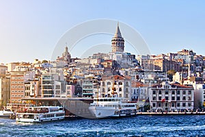 Istanbul cityscape in Turkey with Galata Kulesi Tower. Ancient Turkish famous landmark in Beyoglu district, European side of city