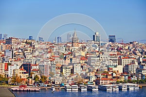 Istanbul cityscape in Turkey with Galata Kulesi Tower. Ancient Turkish famous landmark in Beyoglu district, European side of city