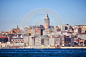 Istanbul cityscape in Turkey with Galata Kulesi Tower. Ancient Turkish famous landmark in Beyoglu district, European side of city
