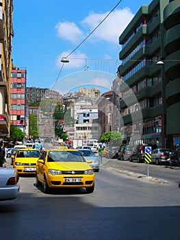 Istanbul cityscape, Turkey. yellow taxi on the streets of the old city of Istanbul