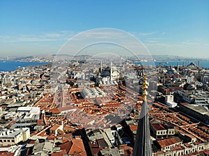 Istanbul, culture and historical capital of Turkey. Aerial photo from above. City view and landscape photo by drone. Moscue