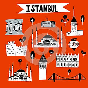 Istanbul. Funny vector illustration of Istanbul attractions and landmarks.