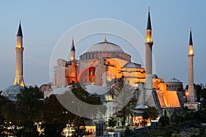 Istanbul. Illuminated Hagia Sophia at twilight