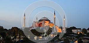 Istanbul. Illuminated Hagia Sophia at twilight