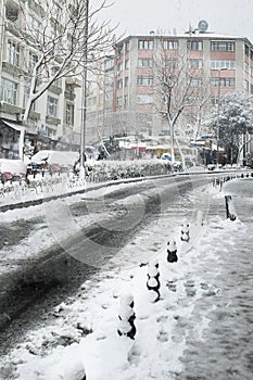 Istanbul Moda street after heavy snow. Cold day in Istanbul Trukey