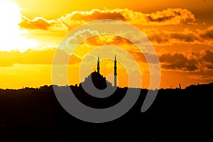 Istanbul mosque. Fatih Mosque at sunset with cloudy sky