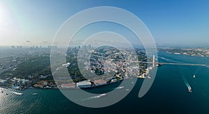 Istanbul panorama photo, Turkey. Grand Mecidiye Mosque, Istanbul Canal, Bosphoros canal. Cityscape in Background. Drone Point of